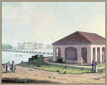 Вид от домика Петра I на Летний сад и Дворцовую набережную. 1820-е годы